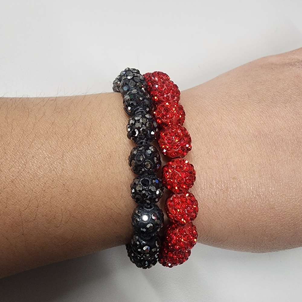 Red and Black Rhinestone Disco Ball Beaded Stretch Bracelet Set Sparkly